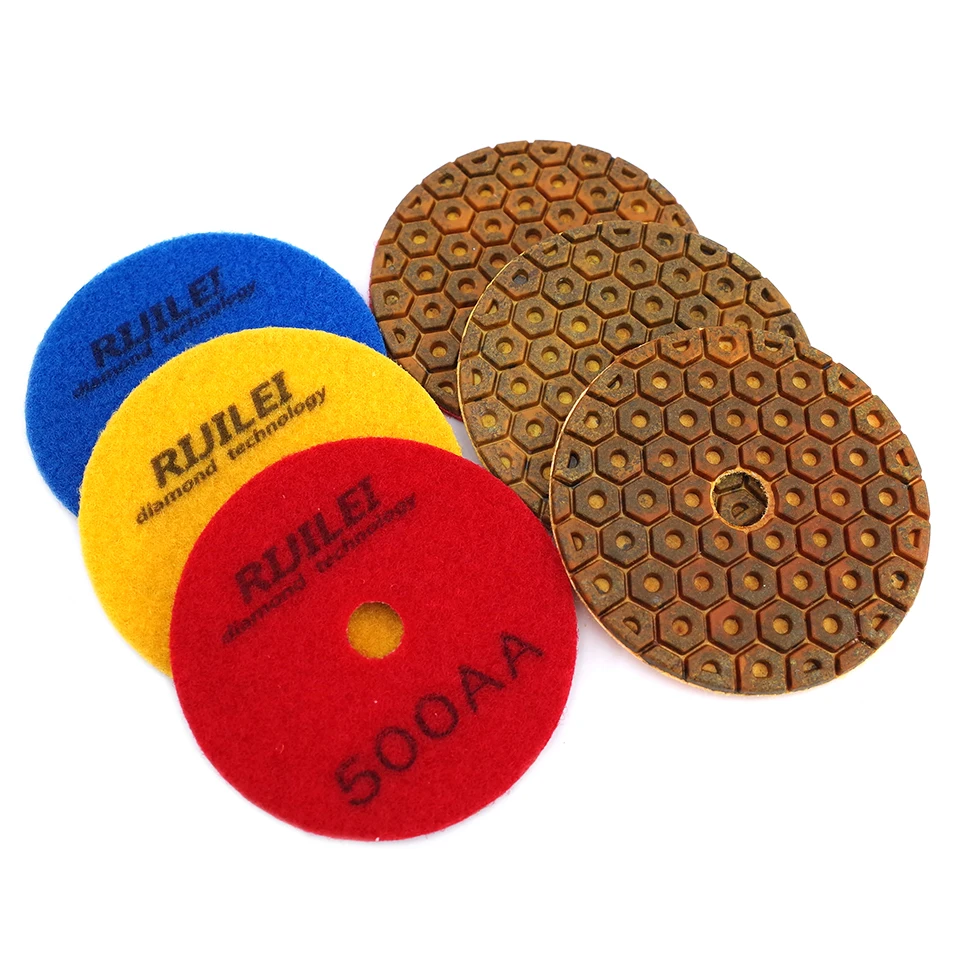 RIJILEI 4 Inch Super Diamond Polishing Pads 6 Steps Copper Metal Bond Wet Polishing Pad for Granite Marble Stone Grinding Discs