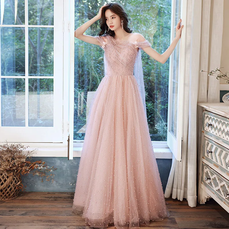 

Pink Pearl Asymmetric Collar Princess Evening Dress Banquet Temperament Niche Birthday Catwalk Fairy Party Prom Dress A108