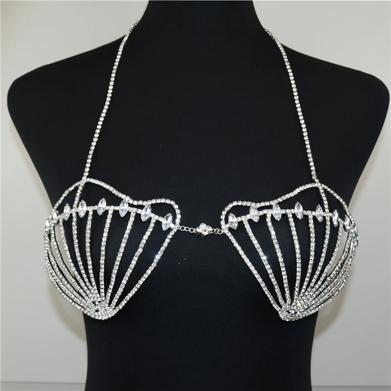 Sexy Women Rhinestone Body Chain Bra Chain Shiny Shell-Shaped Crystal Bikini Bra Party Nightclub Underwear Jewelry Accessories