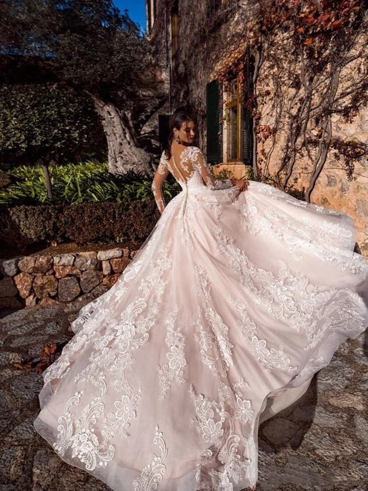 Venda quente elegante a linha vestidos de casamento rendas querida longo ilusão mangas varredura trem vestido de casamento vestidos de noiva de