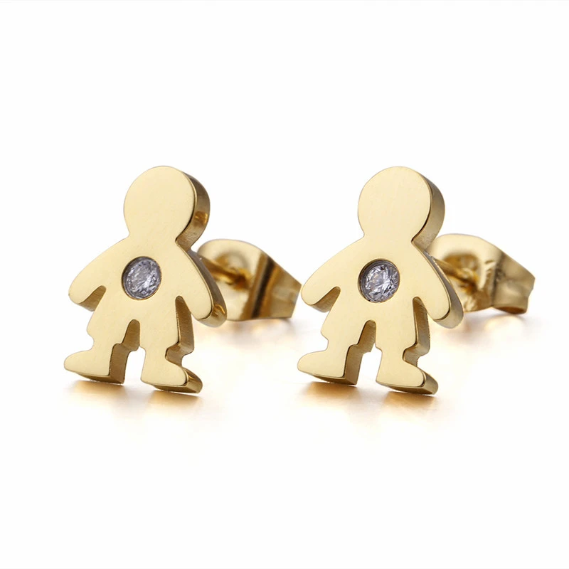New Peru Lima Gold Color Boy Girl Charm Stud Earrings For Women Zircon & Stainless Steel Cartoon Figure Earrings Jewelry