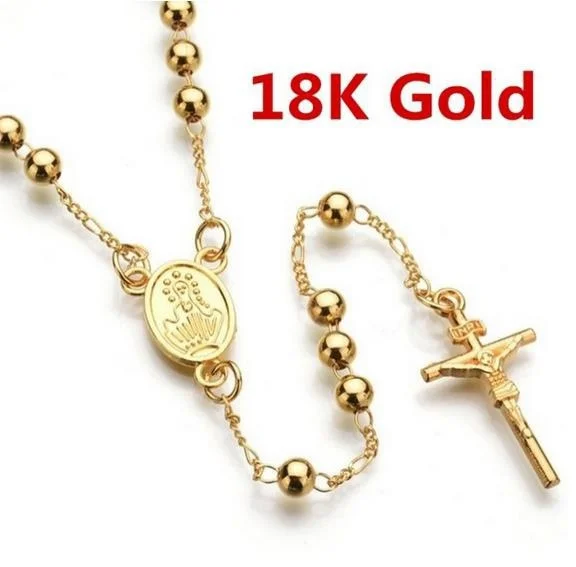 Personality Gold Plated Cross Rosary Pendant Necklace Jesus Beads Cross Hip Hop Necklace Long Chain for Men Women Jewelry Gifts