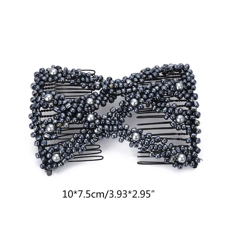 Women Twist Rhombus Beaded Hair Side Combs Stretchable Double Clips Bun Maker F3MD