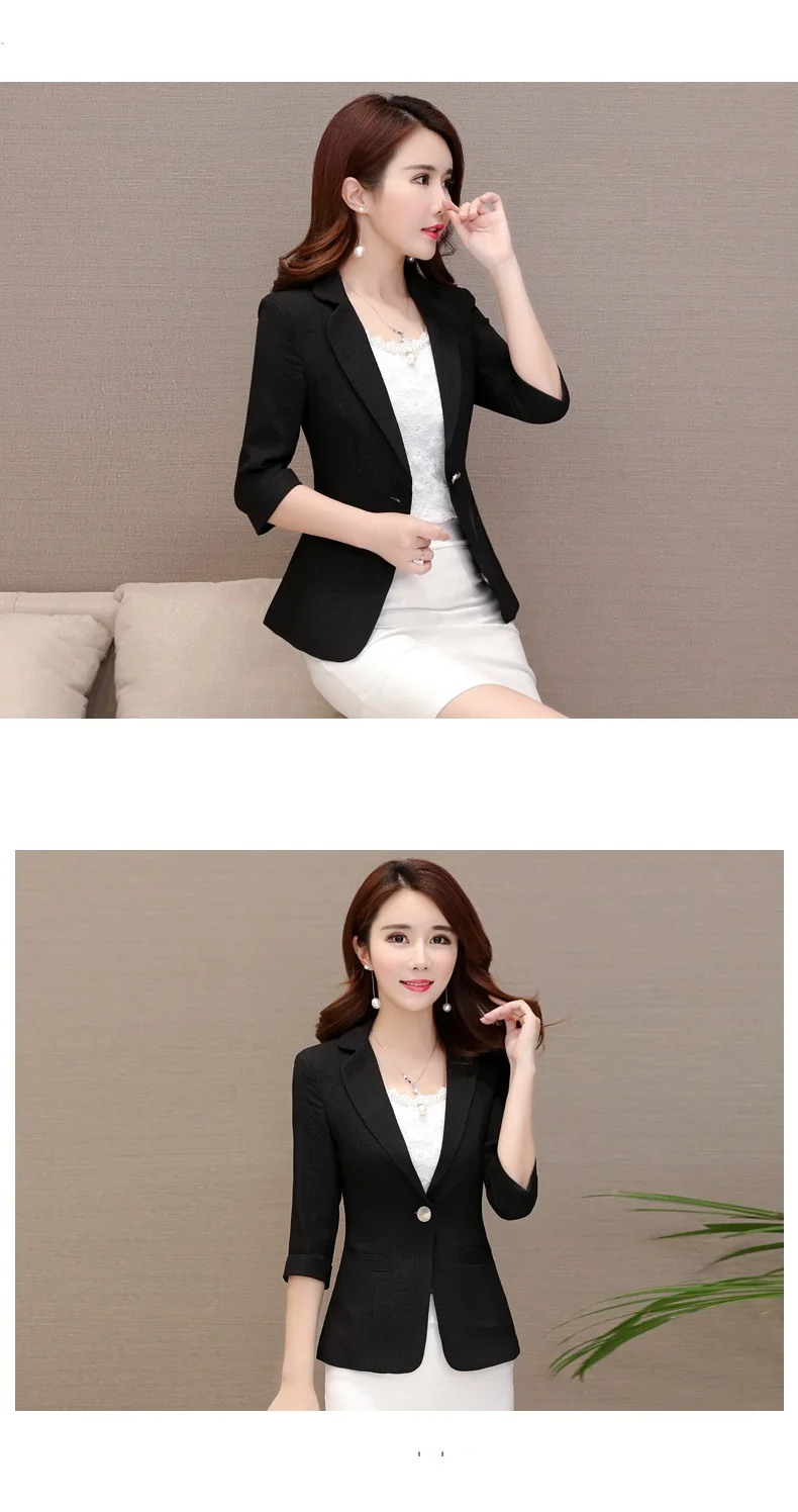 Elegant Women's Stripe 3/4 Sleeve Suit Jacket 2026 Spring Summer Thin Slim Outwear Single Button Female Office Blazer Coat Tops