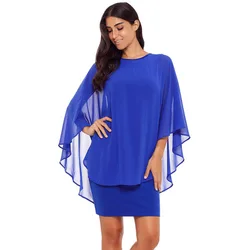 Chiffon Dress Women Casual Fashion Fake Two Pieces Batwing Sleeve O-neck Elegant Cape Dress