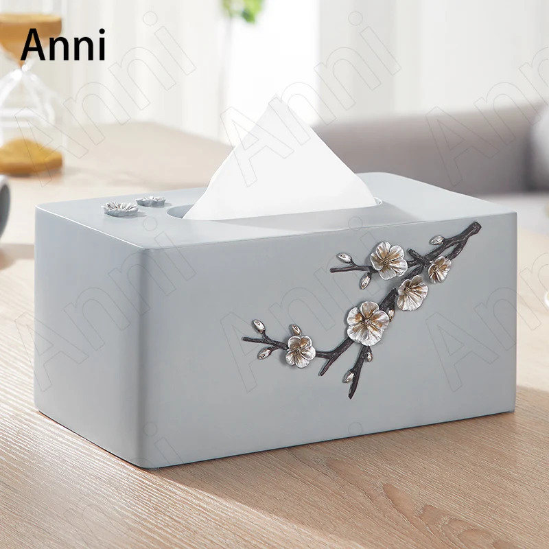 Relief Silver Plum Blossom Tissue Boxes Nordic Modern Hand Painted Resin Paper Towel Storage Box Living Room Desktop Decoration