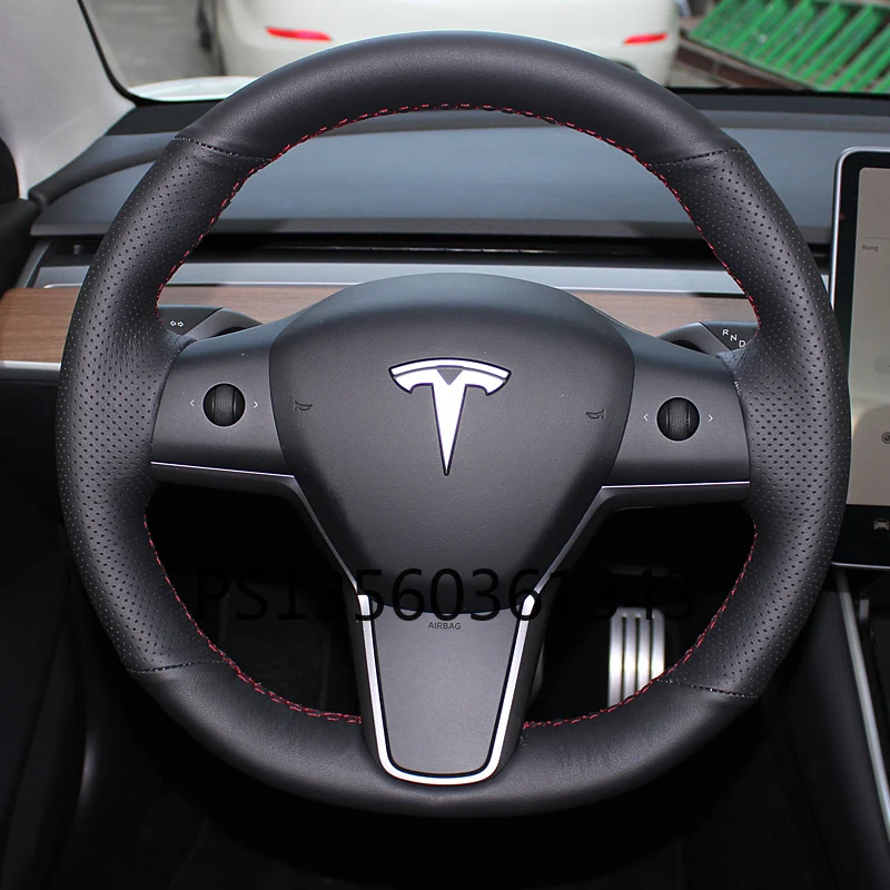 For Tesla model S model X Model 3 hand-stitched leather flip-furry steering wheel cover special