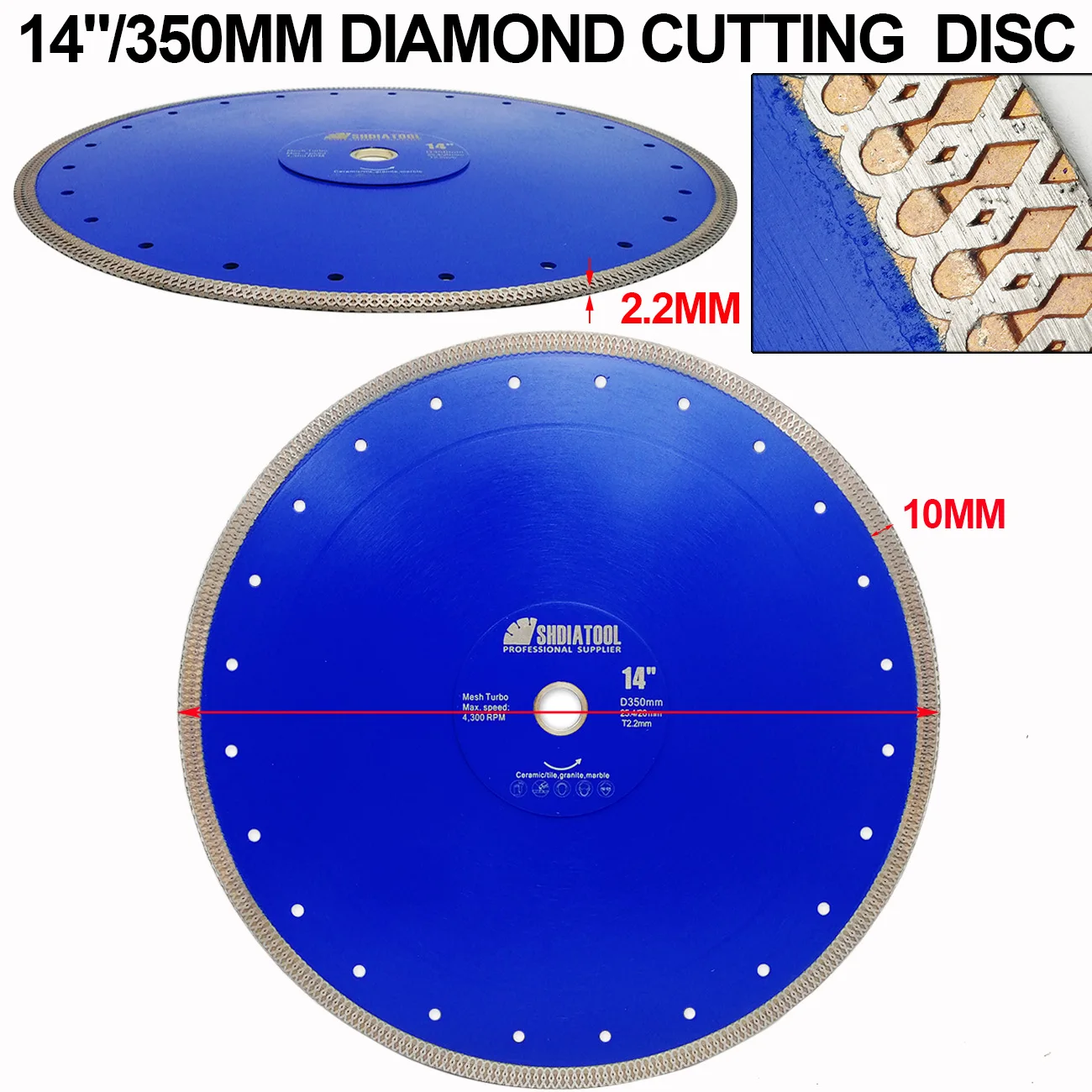 Imagem -03 - Shdiatool Lâmina de Serra para Corte de Diamante Sinterizado Peças de Dia14 350 mm Corte em Malha Turbo para Piso de Cerâmica e Mármore