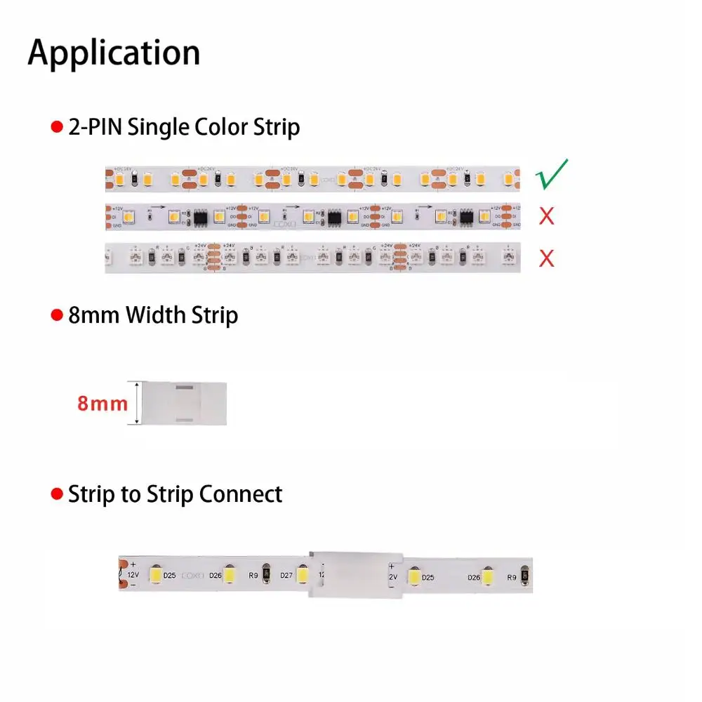 2 PIN 8mm 2835 3528 LED Strip Connector 10XS2P-8 Stable Quick strip Connector 10 PCS Strip to Strip Connecting