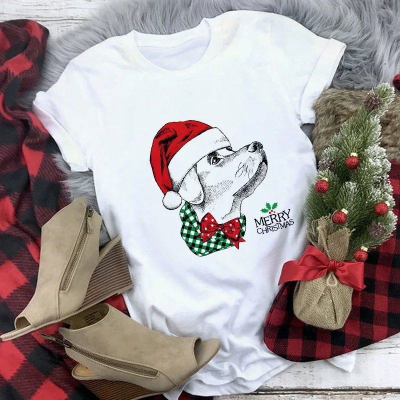 

Cute Dog with Christmas Hat T Shirt Women Fashion Merry Christmas Harajuku T-shirt White Suitable All Seasons Tshirt Female Tops