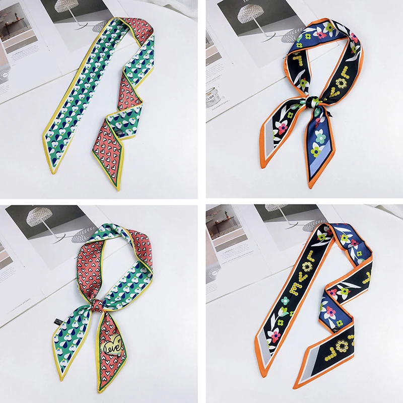2019 Satin DIY Print Small Scarf Women Riband Handle Bags Scarf Narrow Long Wrist Small Ribbon Fashion Hair Band Scarves & Wraps image 3