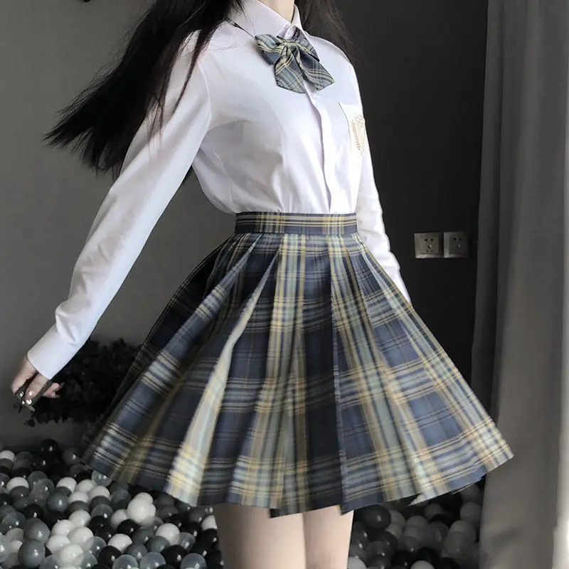 [Polar Song] Girl's Summer High Waist Pleated Skirts Plaid Skirts JK Uniforms Two Piece Set Girl School Dress Students Clothes