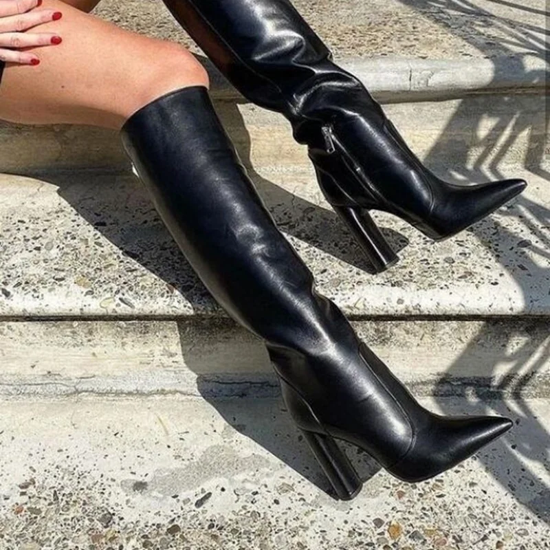 Fashion Black Leather Knee High Boots Chunky Heels Pointed Toe Tight High Boots Square Heels Winter Dress Shoes Size 42 view 2