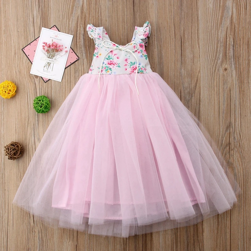 Baby Kids Girl Eegant Lace Mesh Tutu Dress Birthday Party Long Dresses Summer Girls Floral Dress