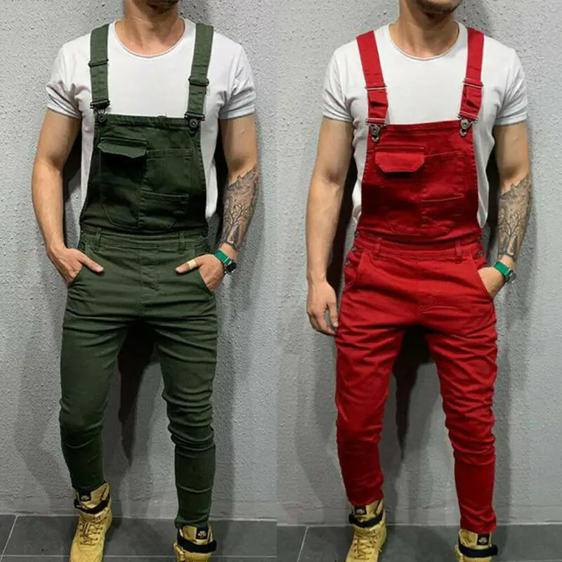 Men Bib Pants Denim Jeans Suspenders Overalls Jumpsuit Straight Skinny Slim Fit Solid Jumpsuits Trousers