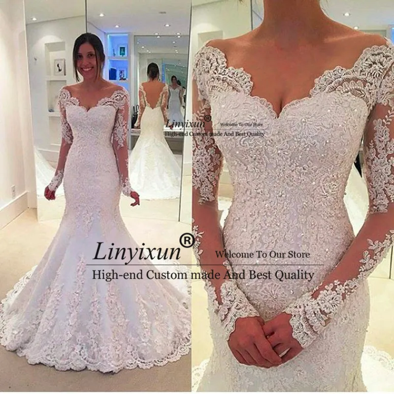 Vestido de noiva Long Sleeves Mermaid Wedding Dresses Sheer Tulle Back Sexy Mermaid Wedding Gowns Robe de mariage Gelinlik