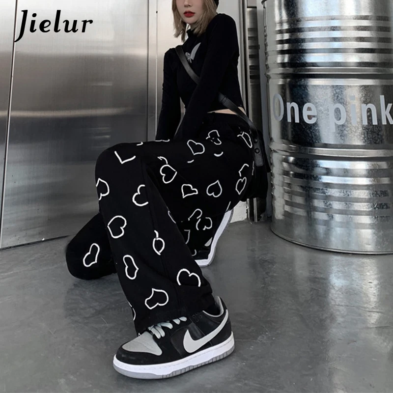 

Jielur Harajuku Hip Hop Pants Women Love Print Loose High Waist Wide Leg Pants Street Style Cool Casual Black M-LTrousers