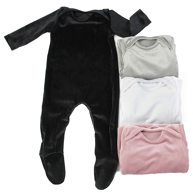 Soft Solid Color Newborn Jumpsuit Elasticity Baby Boys Girls Long sleeves Velvet Footies Baby Bodysuits Clothes Hats Set Pompon