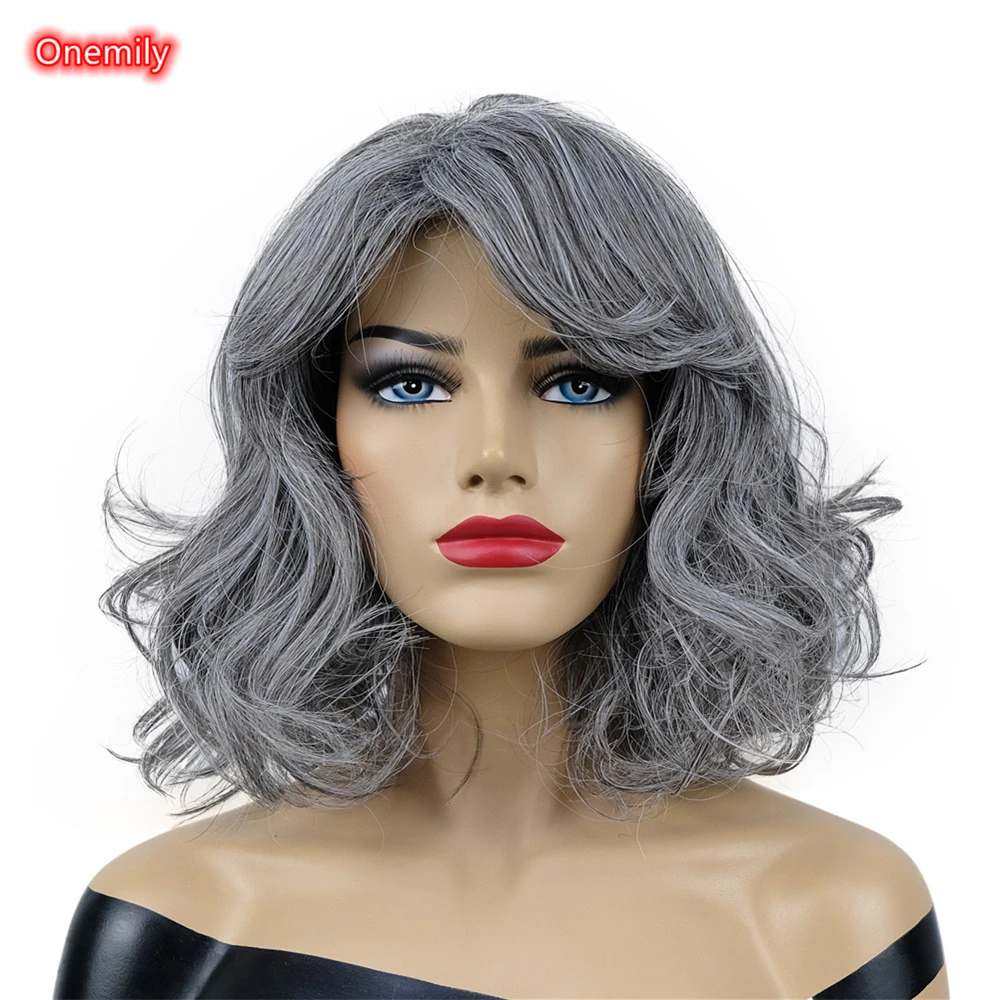 

Onemily Shoulder Length Wavy Gray Synthetic Natural Looking Hair Wigs for Women
