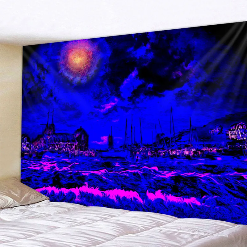 Ocean Landscape Tapestry Psychedelic Colorful Starry Sky Boat Shark Tapestry Hippie Witchcraft Home Decor Yoga Beach Mat