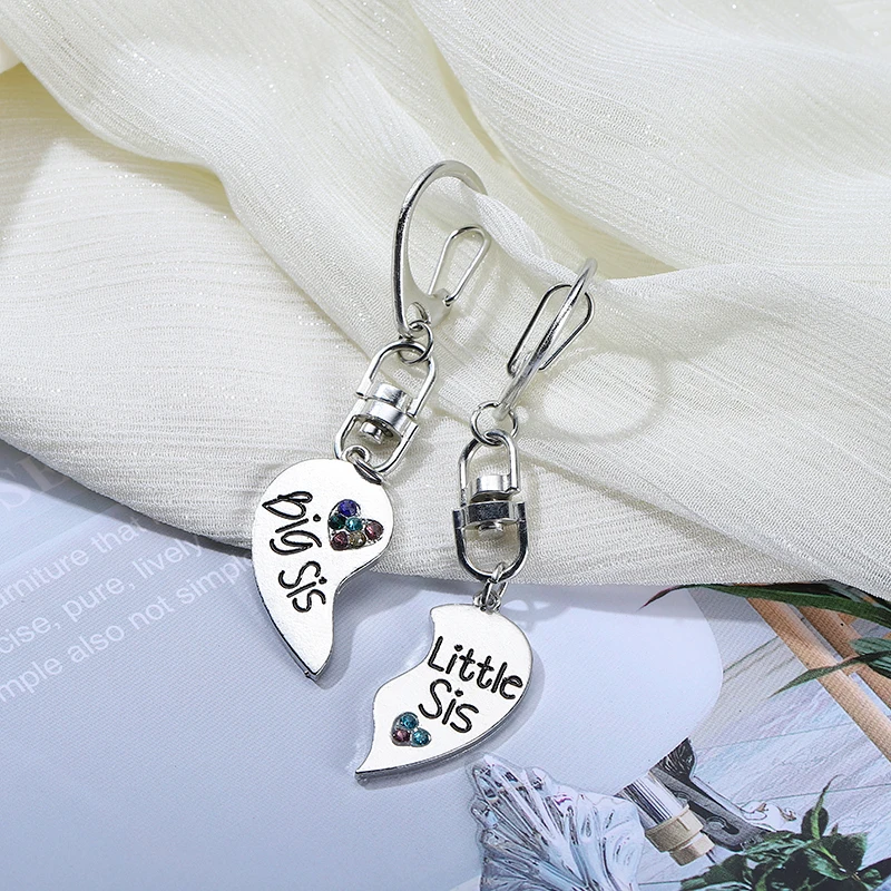 2 Pcs-Set Big Sister Little Siste Keychain Love Heart Crystal Key Chain Family Zinc Alloy Couples Party Jewelry Accessories Gift