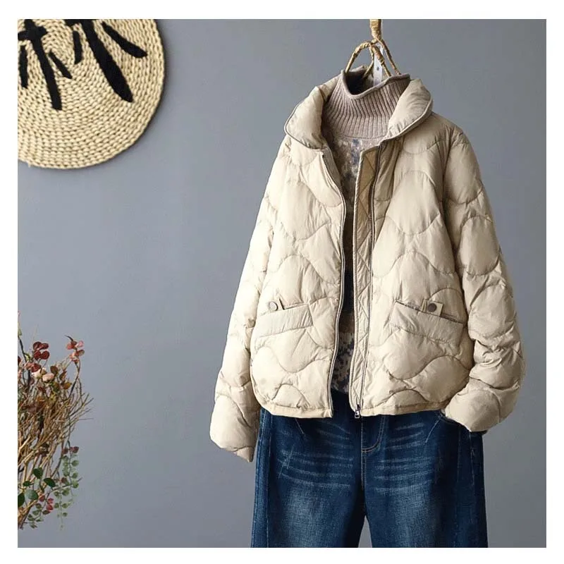 Schinteon เสื้อแจ็คเก็ตขนเป็ดสีขาวสำหรับผู้หญิง, เสื้อโค้ทตัวสั้นทรงหลวมใส่สบายสำหรับใส่ในฤดูใบไม้ร่วงฤดูหนาวคอตั้งสไตล์เกาหลี