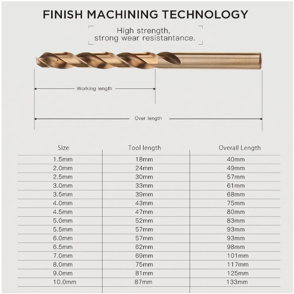 Punte da trapano professionali da 15mm da 1.5mm a 10mm hss-co cobalto varie dimensioni metallo plastica legno