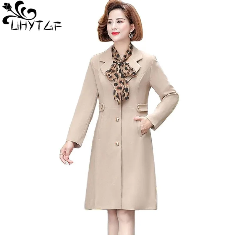 Uhytgf 2023 Herfst Jas Womens Mode Revers Single Breasted Slanke 5xl Losse Maat Trenchcoat Dames Elegante Moeder Windjack 1785