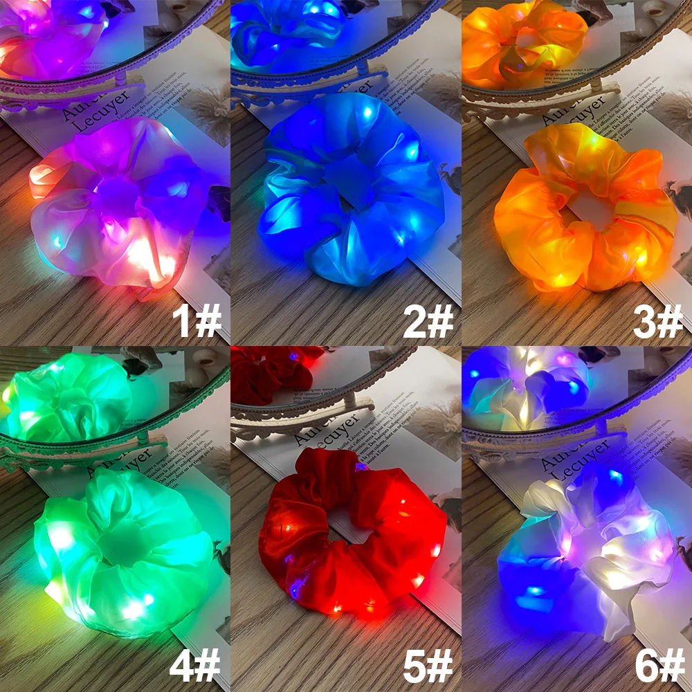 Women Girls LED Glow Scrunchies Hairband Ponytail Holder Headwear Silk Elastic Hair Bands Solid Color Hair Accessories