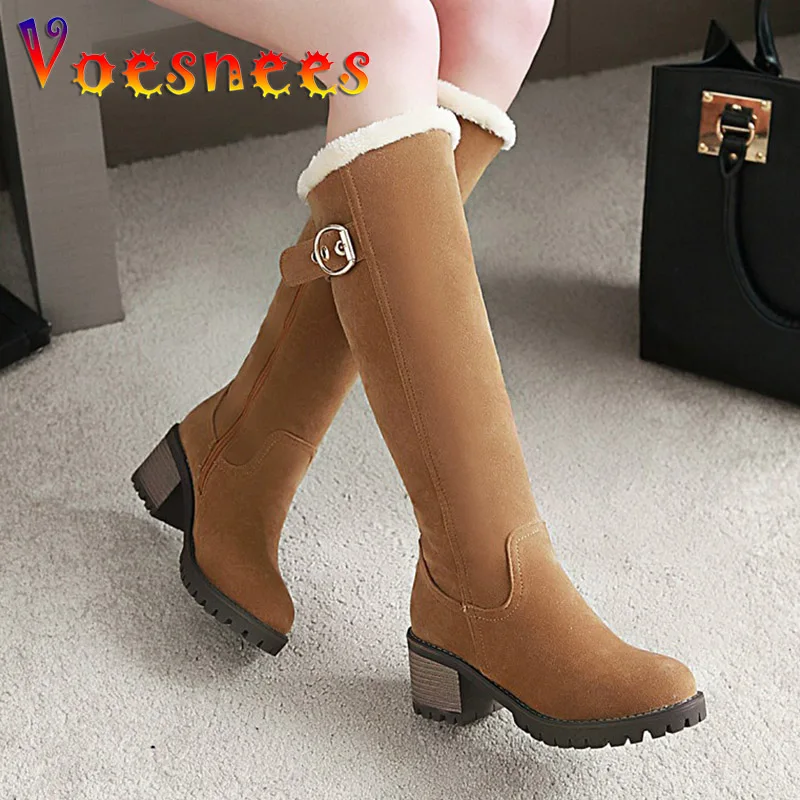 Women\'s Winter Warm Long Boots 2022 New Fashion Flock Knee-High Boots Exquisit College Style Plush Thick Soled Zip Female Shoes