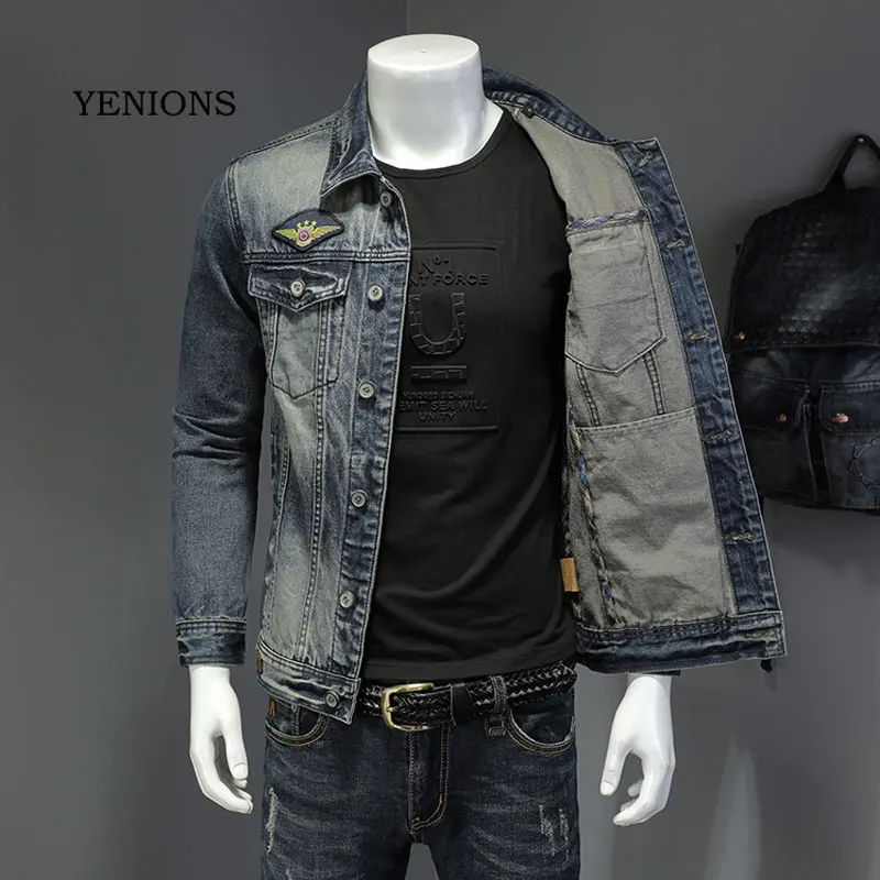 Jaqueta jeans masculina retrô de algodão, roupa fina de manga longa com emblema, casaco jeans bomber para motocicleta masculina de marca