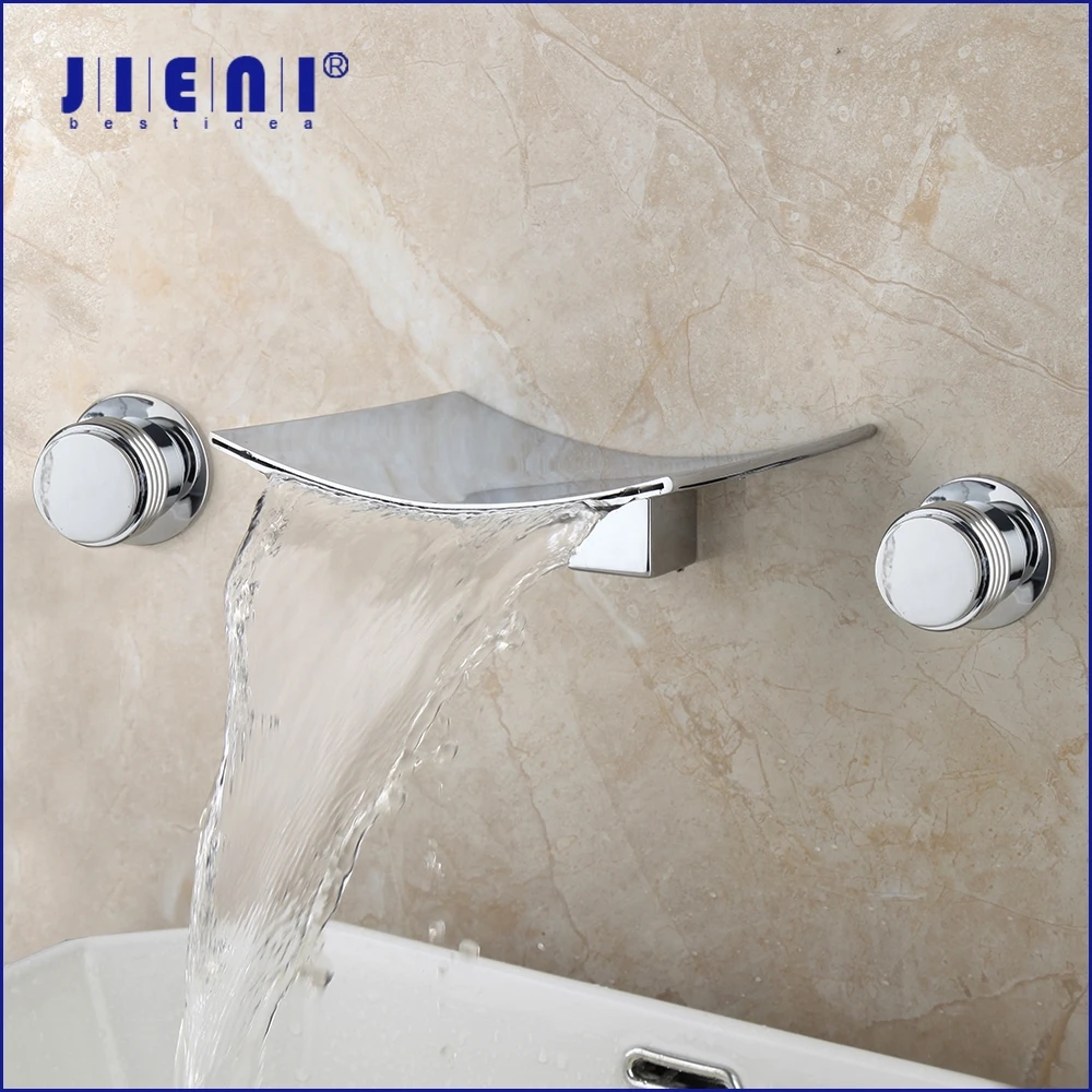 

JIENI Solid Brass Bathroom Bathtub Basin Sink Mixer Tap Waterfall Ceramic Double Handles Deck Mounted 3 pcs Chrome Faucet Set