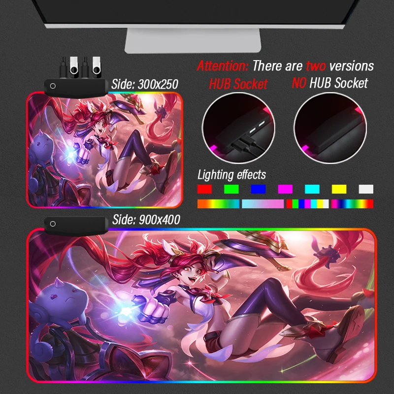 Imagem -05 - Escritório Liga de Lendas Brilhante Lol Yasuo Mousepad com Hub Kda Akali Usb Porto Mouse Pad Rgb Personalizado Kawaii Jogo Tapete para Computador