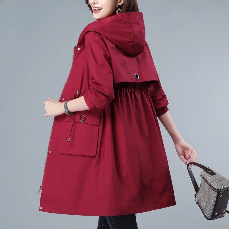 New 2022 Women Trench Coat Spring Autumn Casual Outerwear Loose Overcoat Female Mid-length Fashion Hooded Windbreaker R791