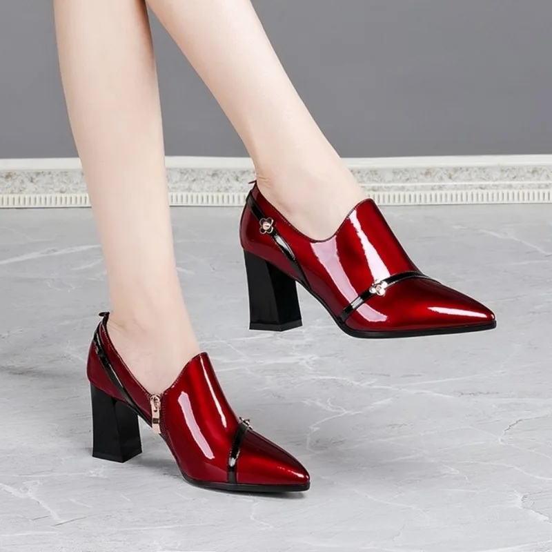 

Pop New Autumn Shoes Woman High Heels Women's Pumps Soft Patent Leather Shoe Thick Heel Nice Pointed toe Deep BLACK Wine-red