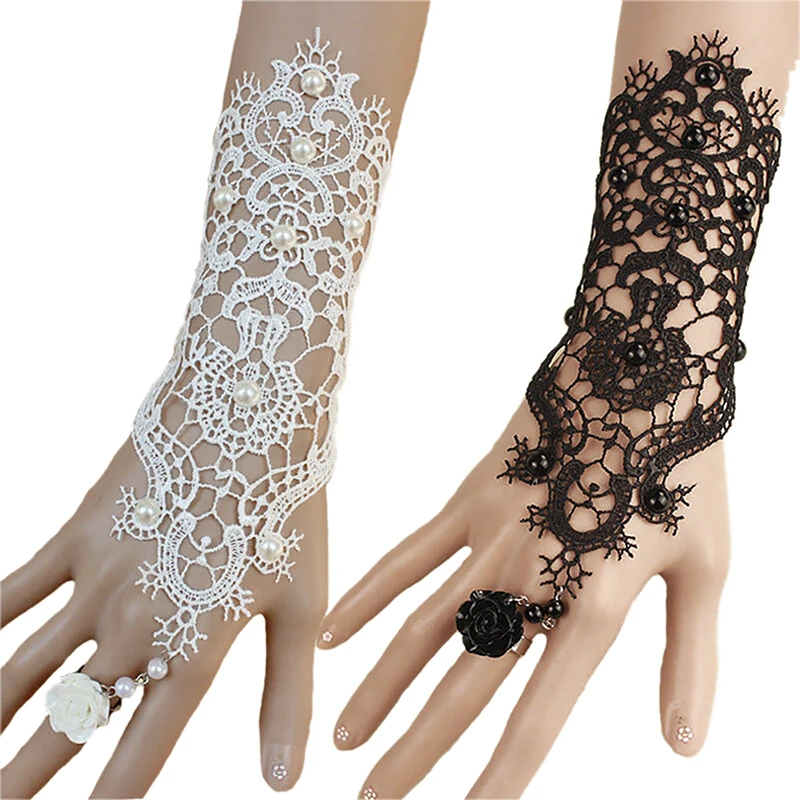 2Colors Women Rose Beads Flower Lace Glove Goth Style Adjustable With Ring Long Bracelet Women Accessories