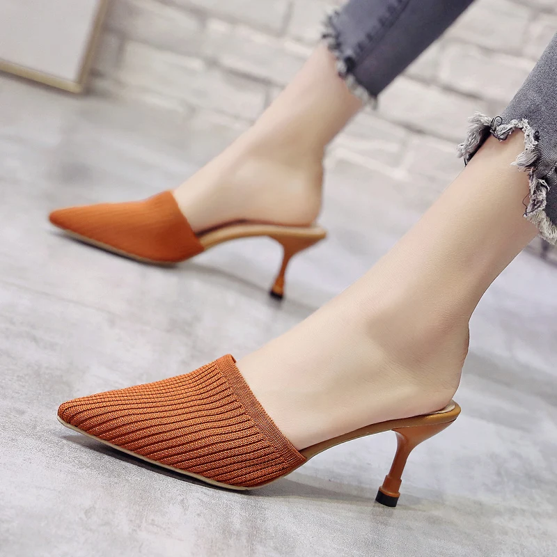 New Knitting Pointed Slipper Fashion Women Half Slippers Slides High-Heeled Stilettos Beige Mules Loafers Casual Slipper