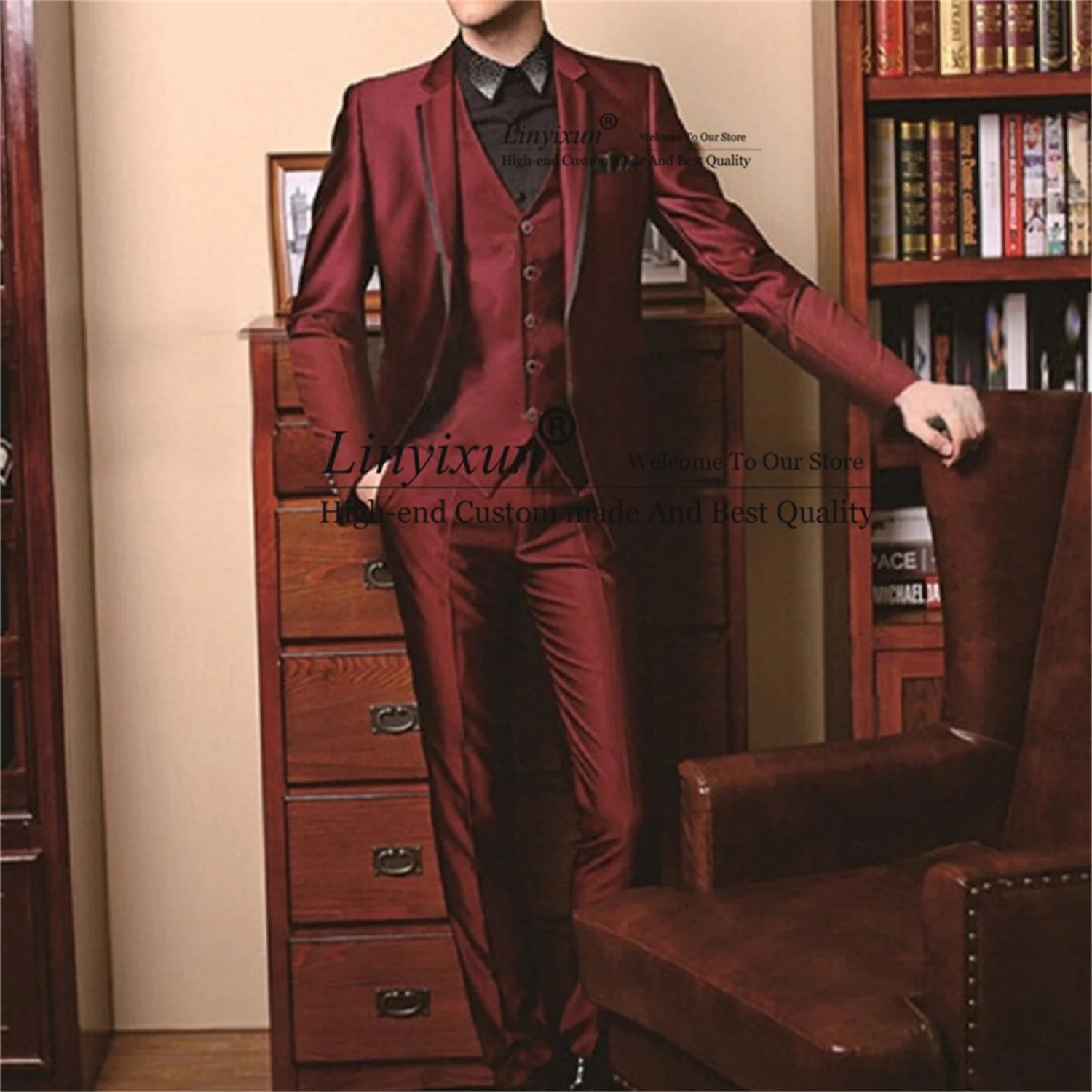 

Fashion Burgundy Wedding Groom Tuxedos Slim Fit Notched Lapel Men Suits Casual Groomsmen Prom Blazer 3 Pieces Set Costume Homme