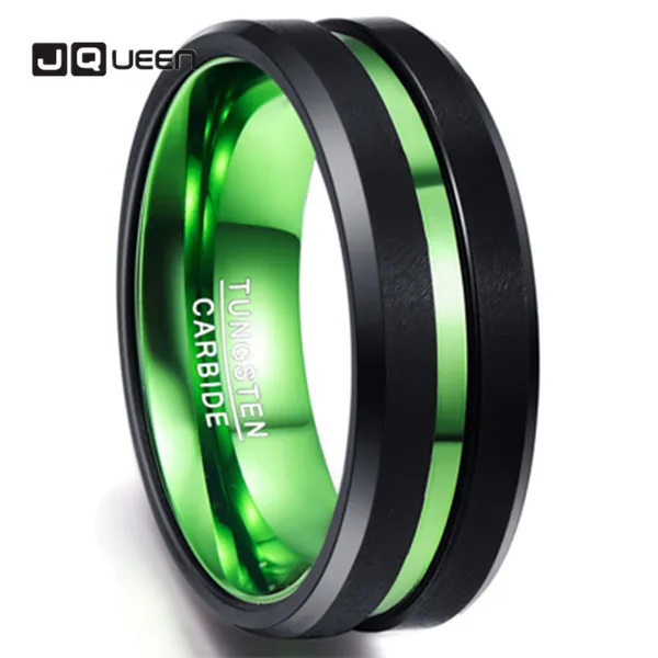 High Quality Men\'s Black Matte Finish Tungsten Carbide Ring Green Center Groove Polished Beveled Edges Comfort Fit Size 4-16