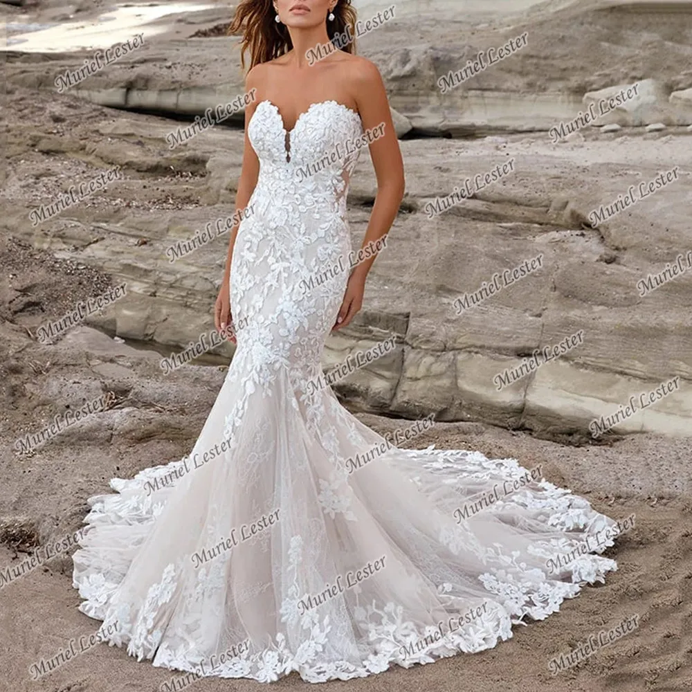 Robe De mariée sirène De luxe, sans bretelles, en dentelle, avec des Appliques, Sexy, pour femmes