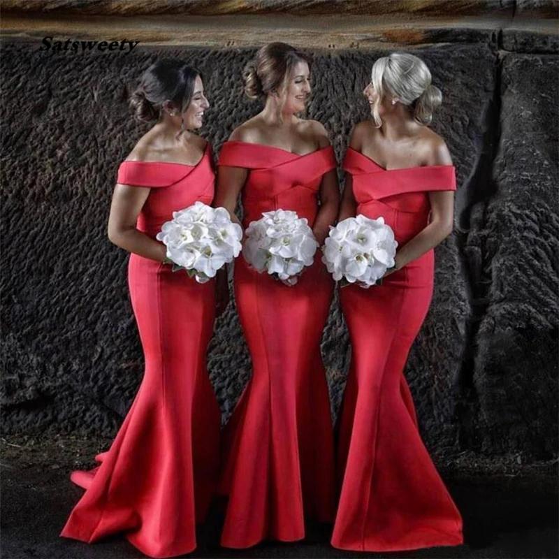 Vestidos de dama de Honor de satén, fiesta de boda de sirena para largo vestido rojo, vestido Sexy de dama de Honor, 2022