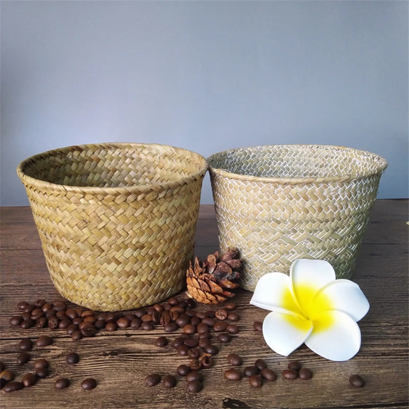 Bamboo Storage Baskets Straw Patchwork Handmade Laundry Wicker Rattan Seagrass Belly Garden Flower Kitchen Storage Basket 1PC