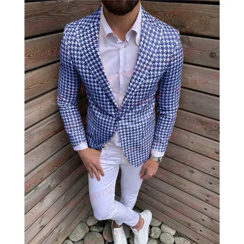 

Stylish Houndstooth Men Suits 2Pcs Slim fit Best Man Bridegroom Wedding Suits Tuxedo Men's Blazer Casual Blue Jacket White Pants