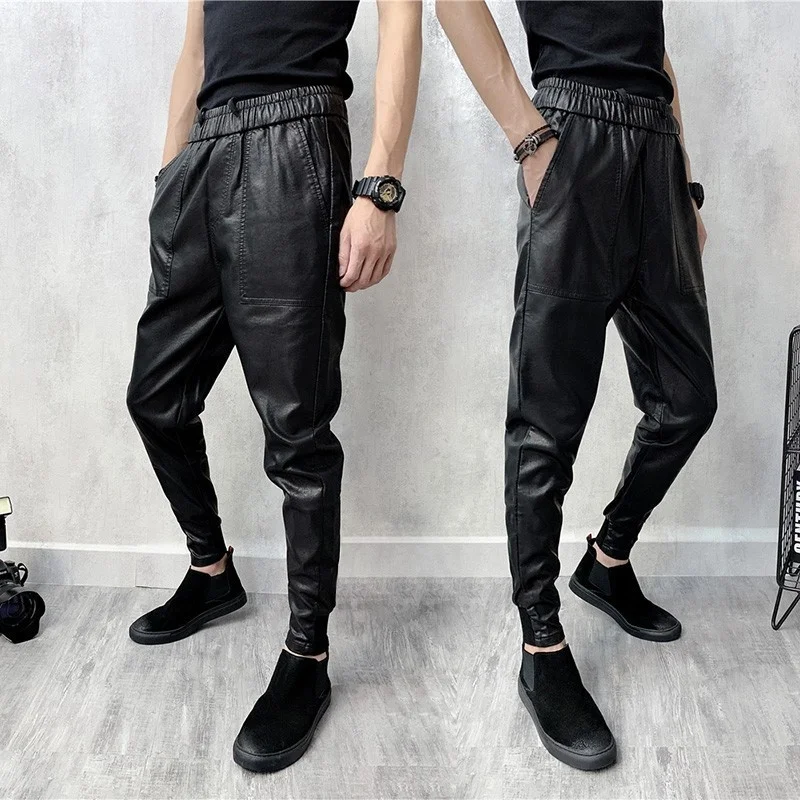 

Winter Autumn Faux Leather Harem Pants Male Elastic Waist Pencil Trousers High Street Mens Sweatpants Bikers Pu Leather Pants