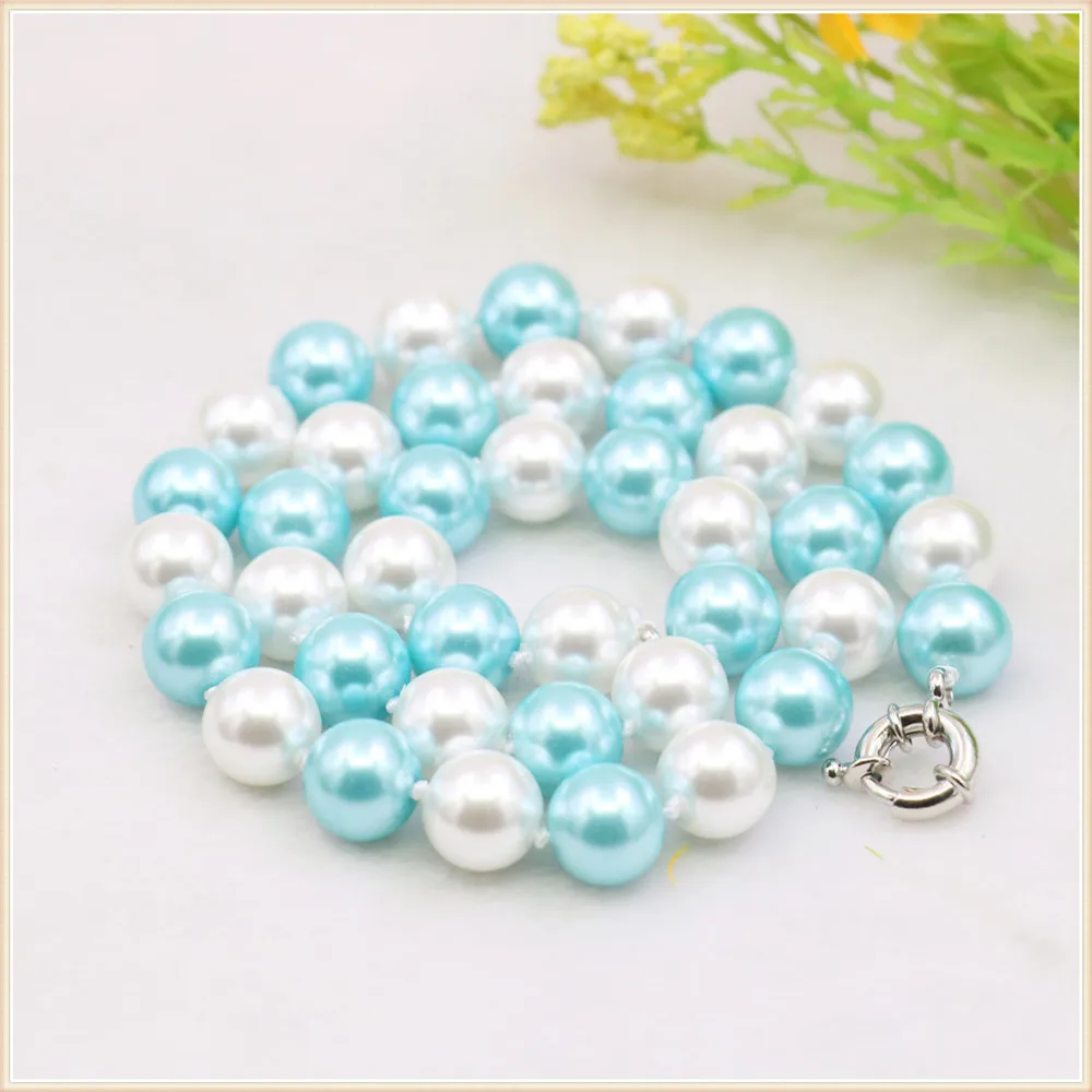 10mm Round White Blue Pink Glass Pearl Shell Necklace Girl Knotted Between Every Beads Neckwear Fashion Jewelry Making Design