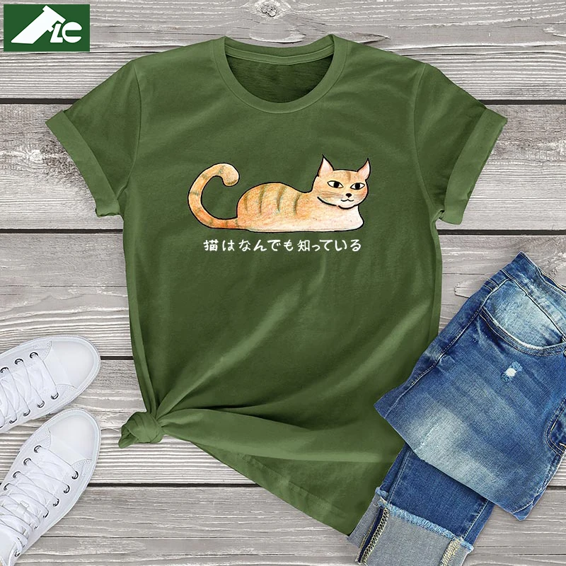 100 cotton kawaii cat t shirts women Cats Know Everything Shirt Japanese Cat womens Shirts graphic tee unisex clothes girls tops