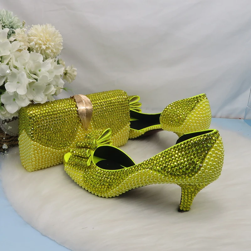 2022 New arrival Lemon Yellow Crystal Women wedding shoes and matching bags Peep toe High Pumps fashion Open Toe shoes and Purse