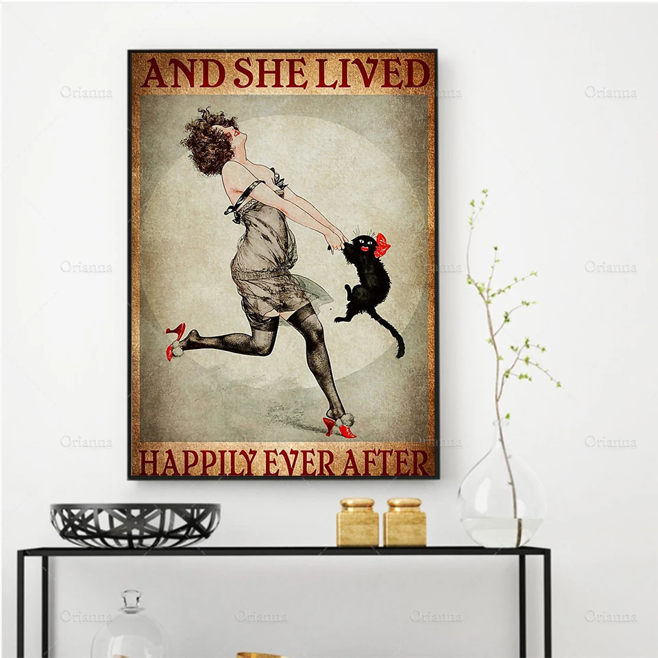 And She Lived Happily Ever After Poster, Black Cat Print, Dance With Cat Poster, Vintage Poster, Wall Decoration Signs For Home