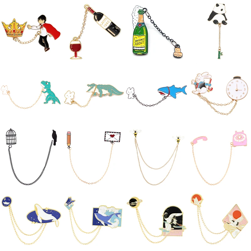 Creative Cartoon Chain Pendant Detachable Enamel Brooch Animal Panda Whale Bird Sun Love Wine Champagne Crown Alloy Pins Jewelry