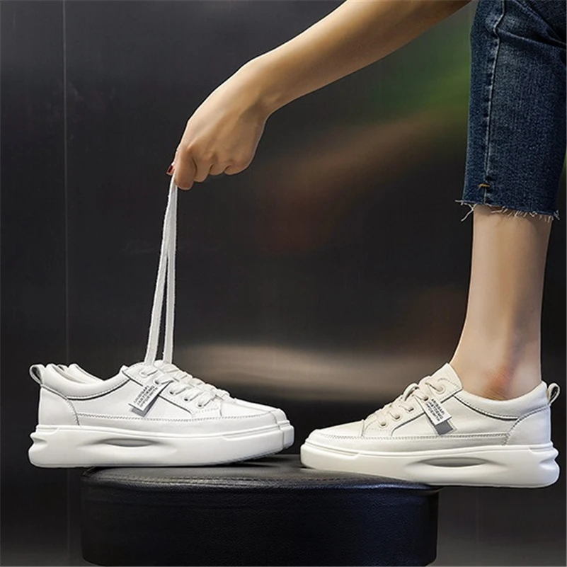 Meotina Platform Shoes Women Natural Genuine Leather Flat Casual Shoes Real Leather Lace Up White Sneakers Ladies Flats Spring